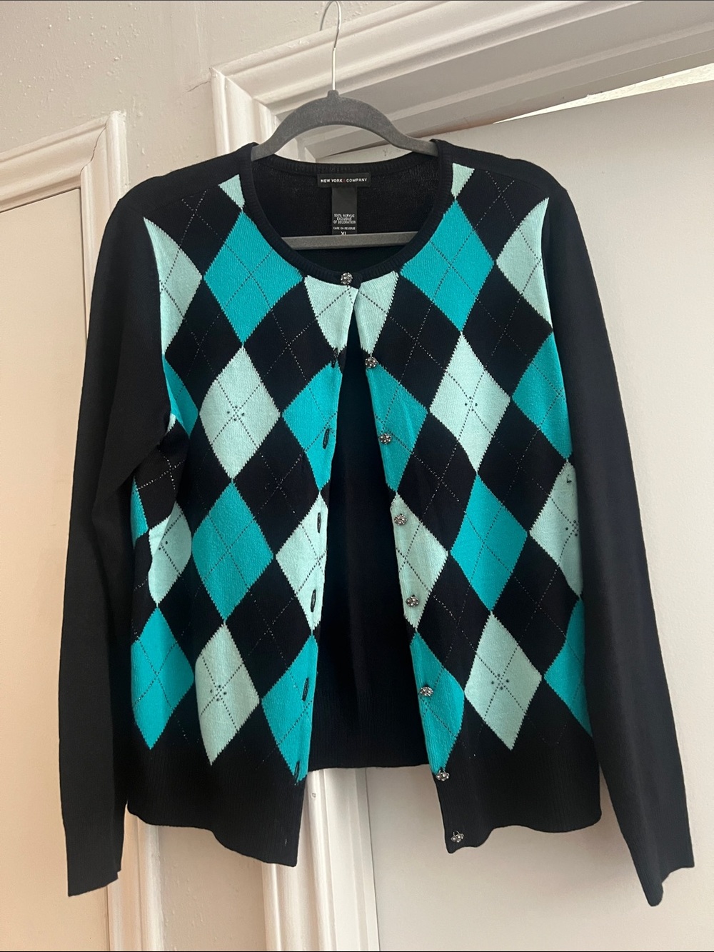 New York & Company Black and Teal Argyle Button-Front Cardigan